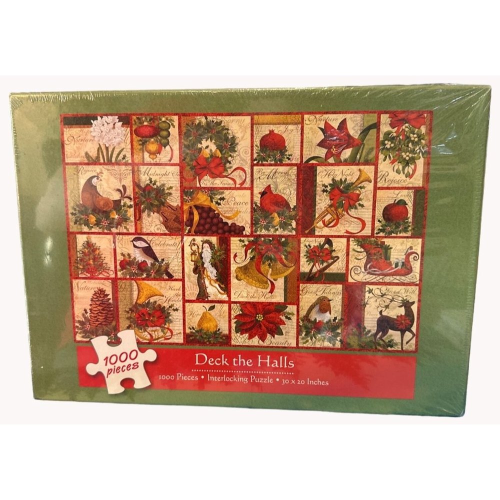 Current Deck The Halls Puzzle 1000 Piece Jigsaw Cardinal Sleigh Birds Poinsettia